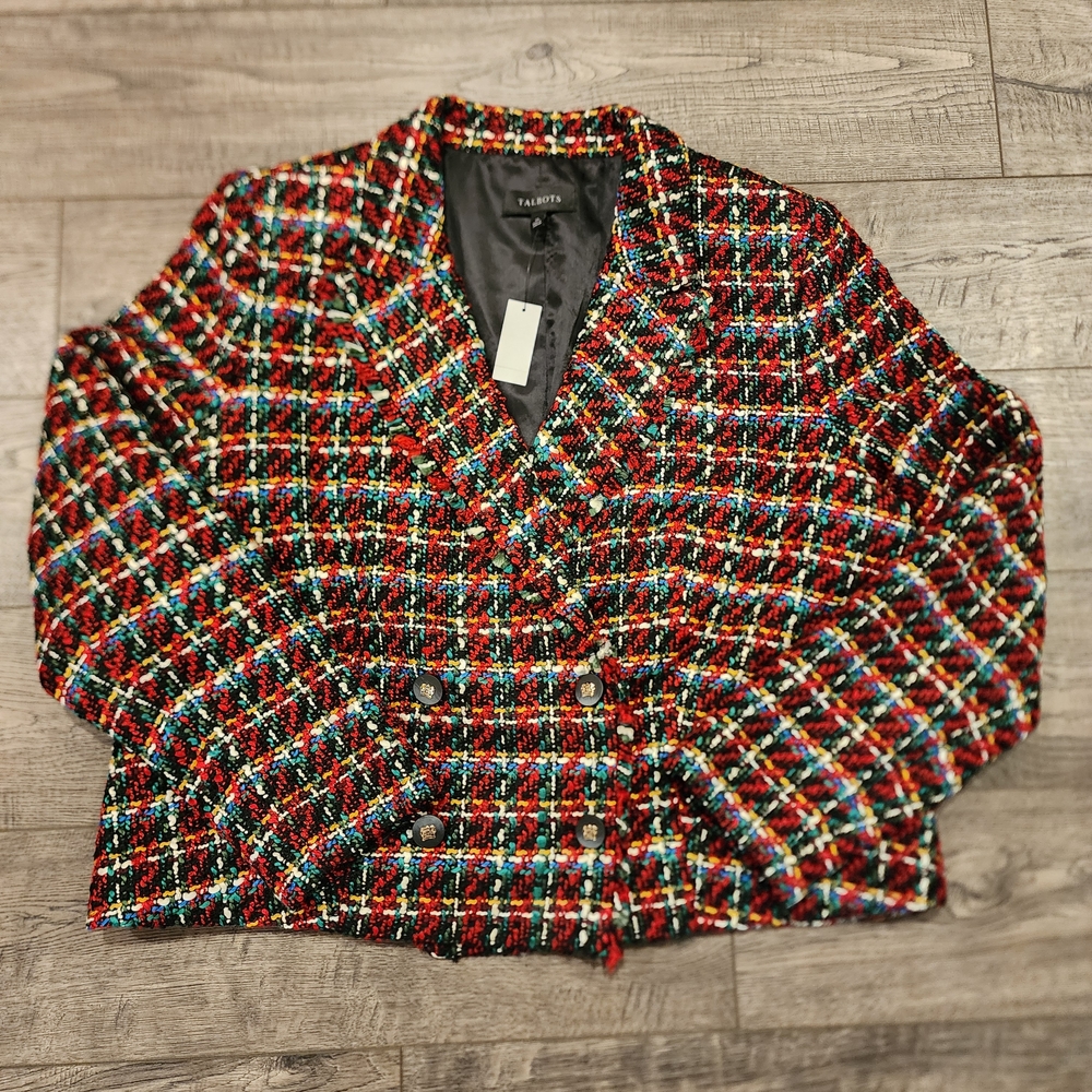 Talbots Women's Tweed Fringe Jacket Size 16 Knit Holiday Workwear NWT